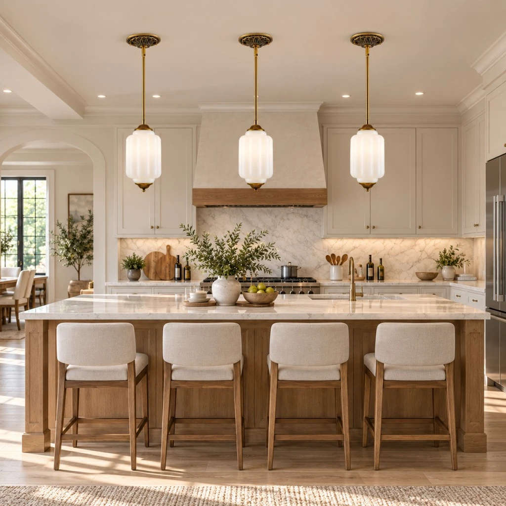 Farmhouse pendant lights over a kitchen island with milk glass shades