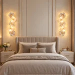 Pair of five-flower wall sconces mounted symmetrically beside an upholstered bedroom headboard
