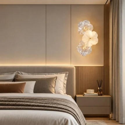Single three-flower glass wall sconce mounted above a bedside table beside an upholstered bed
