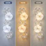 Five-flower wall sconce shown under 6000K cool white, 3000K warm white, and 4000K neutral white lighting