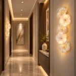 Five-flower glass wall sconce with warm lighting along a contemporary residential hallway