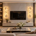 Five-flower glass wall sconces installed on both sides of a marble TV feature wall