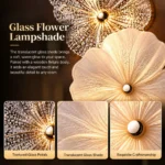 Close-up of textured clear glass petals, translucent milky glass shade, and gold-tone flower centers