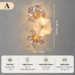 Three-flower wall sconce size diagram showing 7.48-inch width, 12.99-inch height, and two G9 bulb sockets