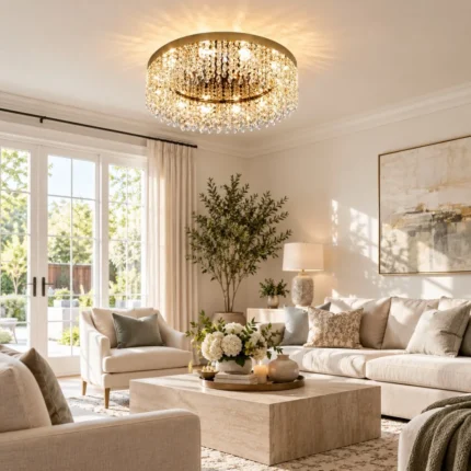 Flush mount crystal chandelier in a bright modern living room