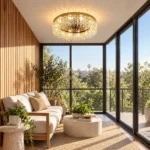 Round crystal chandelier flush mounted in a modern sunroom