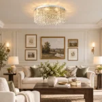Crystal ceiling light in an elegant living room with low ceiling