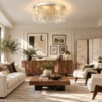 Modern crystal ceiling light in a warm contemporary living room
