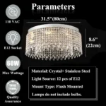 31.5 inch large flush mount crystal chandelier dimensions and specifications