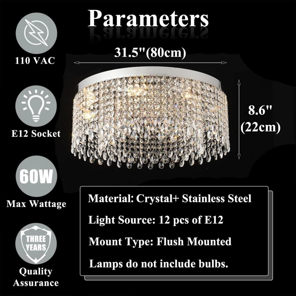 31.5 inch large flush mount crystal chandelier dimensions and specifications