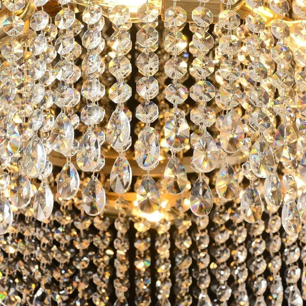 Close-up of faceted K9 crystal drops on the chandelier