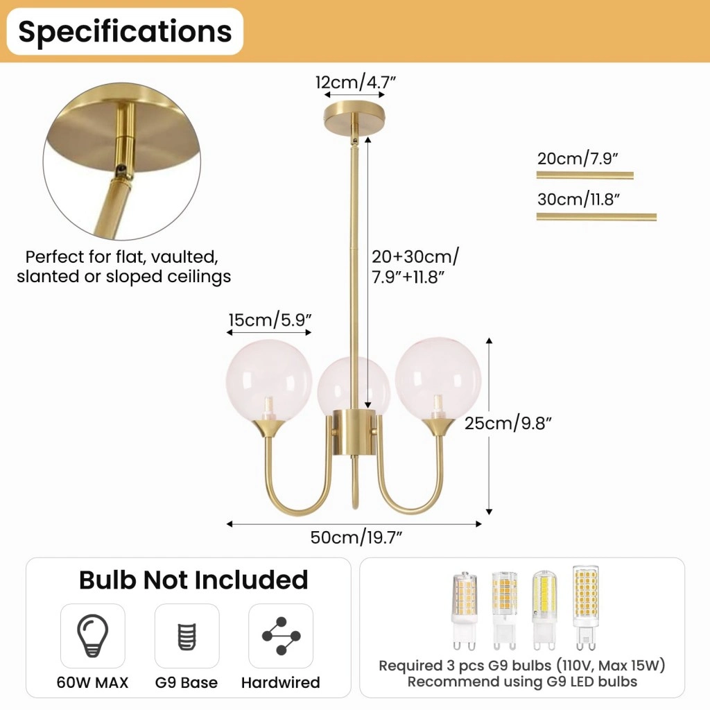 3-light glass bubble chandelier dimensions with adjustable downrods and G9 bulbs