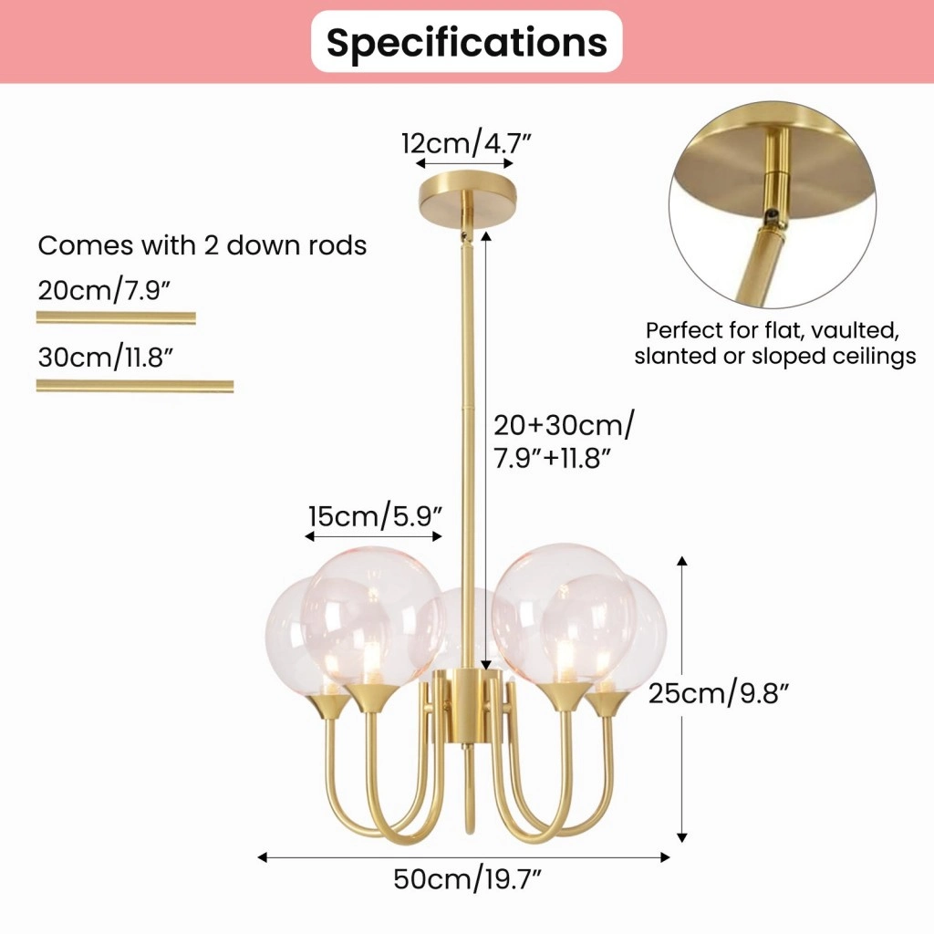 5-light glass bubble chandelier dimensions with adjustable gold downrods