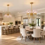 3-light and 5-light glass bubble chandeliers in a dining room and kitchen