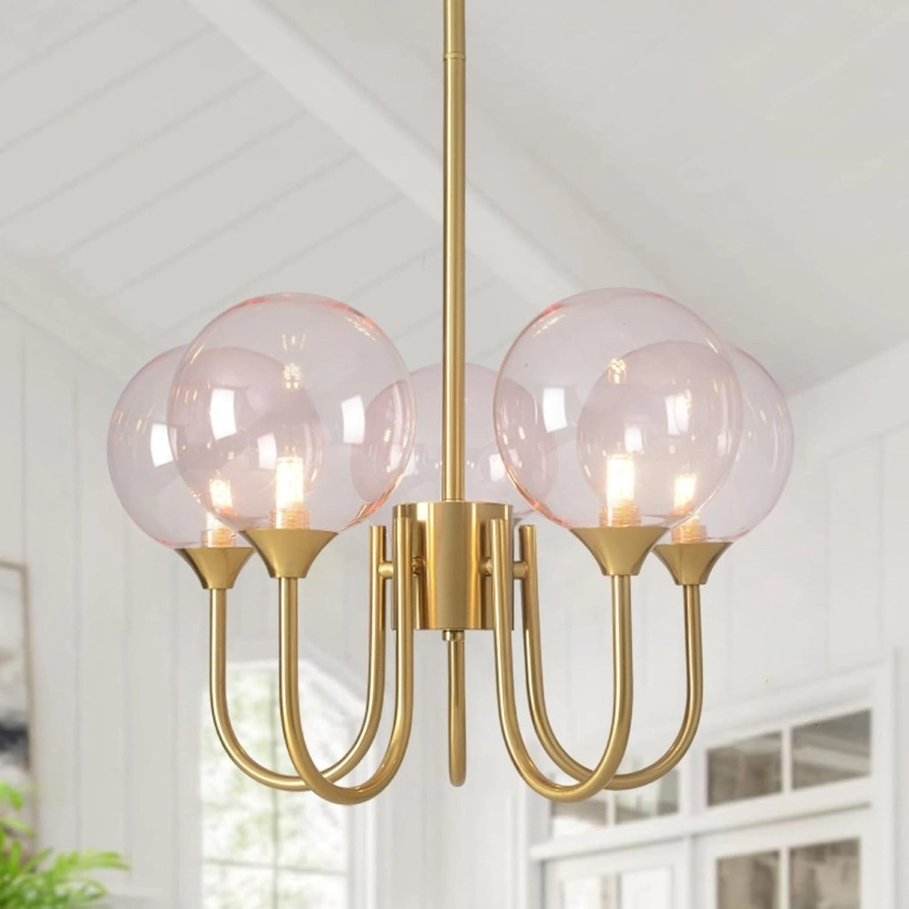 glass-bubble-chandelier-pink-glass-gold-frame-9 5-light glass bubble chandelier with pink glass globes and a gold metal frame