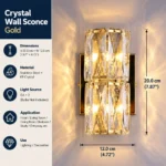 Gold crystal wall sconce measuring 20 cm high and 12 cm wide with two G4 bulb positions