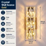 Gold crystal wall sconce measuring 30 cm high and 12 cm wide with three G4 bulb positions