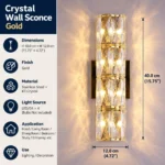 Gold crystal wall sconce measuring 40 cm high and 12 cm wide with four G4 bulb positions