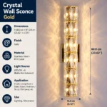 Gold crystal wall sconce measuring 60 cm high and 12 cm wide with six G4 bulb positions