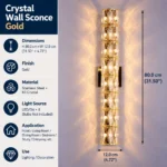 Gold crystal wall sconce measuring 80 cm high and 12 cm wide with eight G4 bulb positions