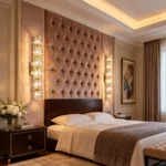 Two gold crystal wall sconces flanking an upholstered bedroom headboard