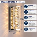 SOO116-A chrome K9 crystal wall sconce measuring 4.72 inches wide by 10.24 inches high with two E12 sockets
