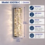 SOO116-C chrome K9 crystal wall sconce measuring 4.72 inches wide by 23.62 inches high with two E12 sockets