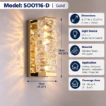 SOO116-D gold K9 crystal wall sconce measuring 4.72 inches wide by 10.24 inches high with two E12 sockets