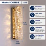 SOO116-E gold K9 crystal wall sconce measuring 4.72 inches wide by 18.11 inches high with two E12 sockets