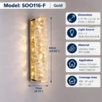 SOO116-F gold K9 crystal wall sconce measuring 4.72 inches wide by 23.62 inches high with two E12 sockets