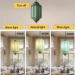 Green glass pendant light showing warm 3000K, natural 4500K and white 6000K lighting