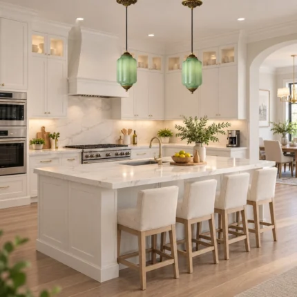 Green glass pendant lights above a kitchen island in a bright farmhouse kitchen