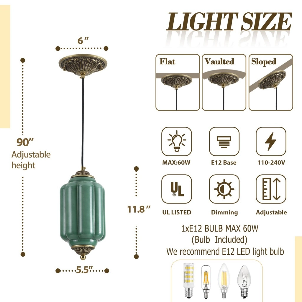 Green glass pendant light dimensions and installation specifications for flat, vaulted and sloped ceilings