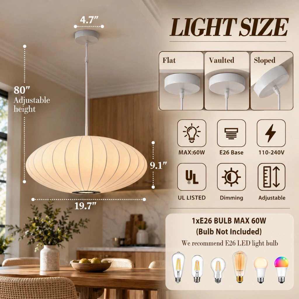 Japanese lantern pendant light with 19.7-inch white imitation silk shade, adjustable hanging height, and E26 bulb specifications