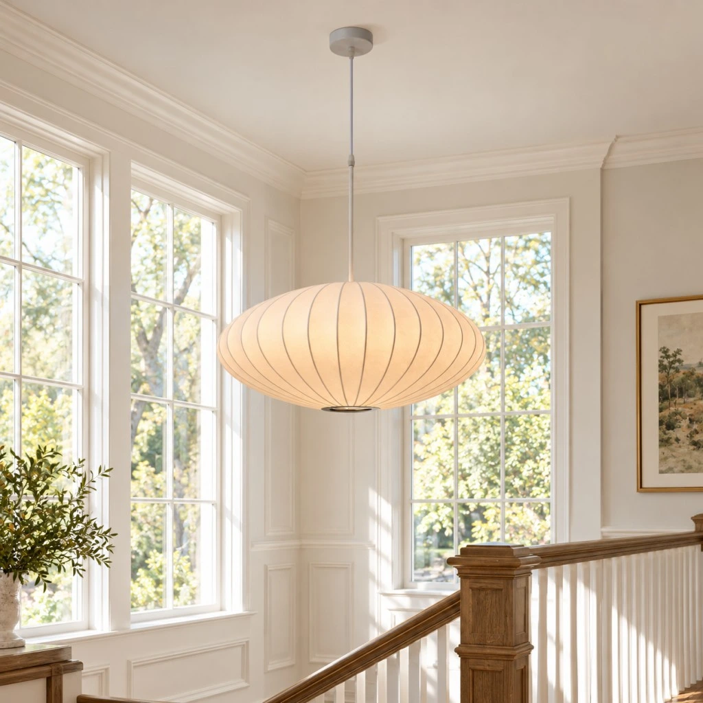 Japanese lantern pendant light with glowing oval shade hanging above a staircase landing with wooden railing