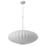 Japanese lantern pendant light with white ribbed imitation silk shade, oval design, and white ceiling canopy