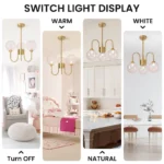 3-light pink bubble chandelier showing warm, natural and white light settings