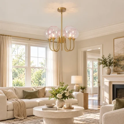 Pink glass bubble chandelier with gold frame in a modern living room