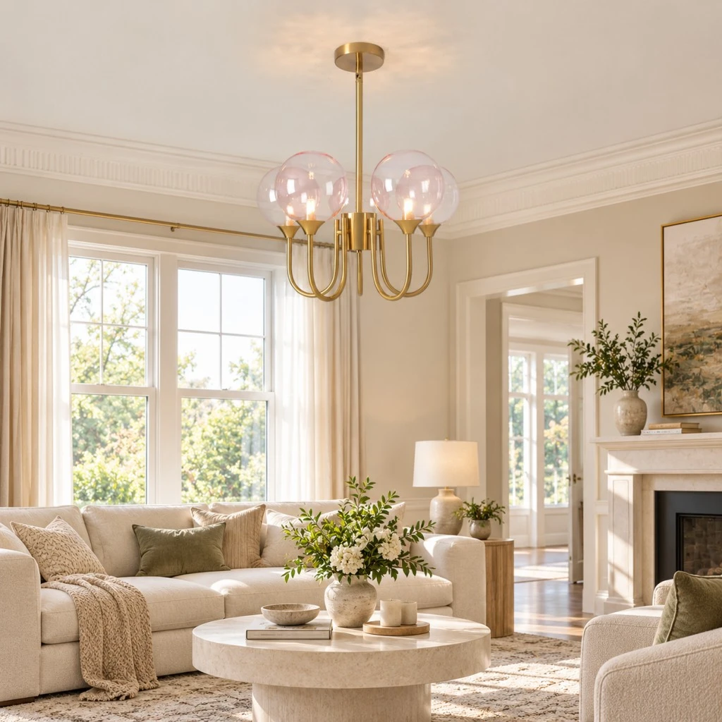 Pink glass bubble chandelier with gold frame in a modern living room