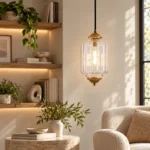 Ribbed glass pendant light with vintage bronze details hanging beside a sofa and side table in a living room.