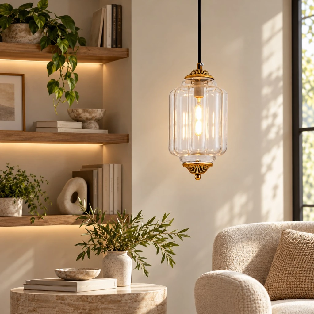 Ribbed glass pendant light with vintage bronze details hanging beside a sofa and side table in a living room.