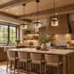 Three rustic stone pendant lights with dark wood accents above a farmhouse kitchen island with wooden ceiling beams.