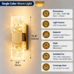 Stainless steel crystal wall sconce with single color warm LED lighting and dimensions of 3.5 by 11.4 inches