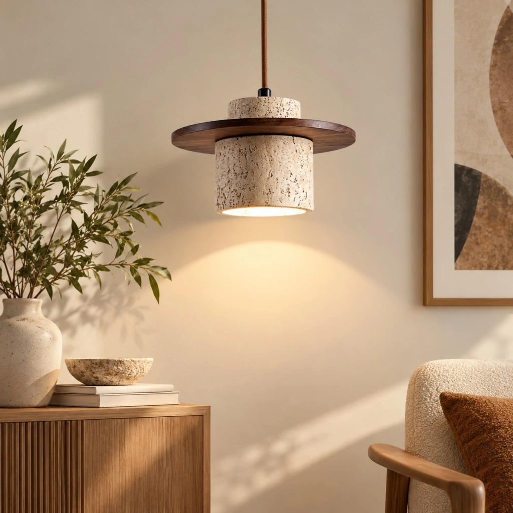 Stone and wood pendant light hanging beside a textured sofa and wooden cabinet in a neutral living room.