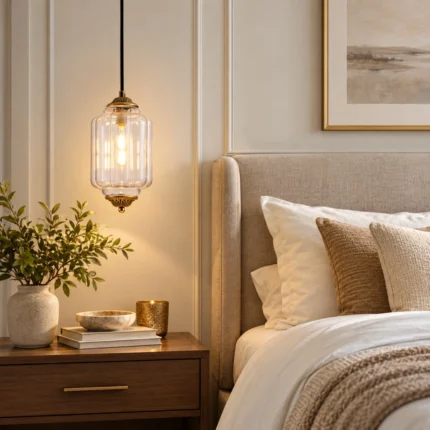 Vintage clear glass pendant light with an ornate bronze finish hanging above a bedside table in a bedroom.