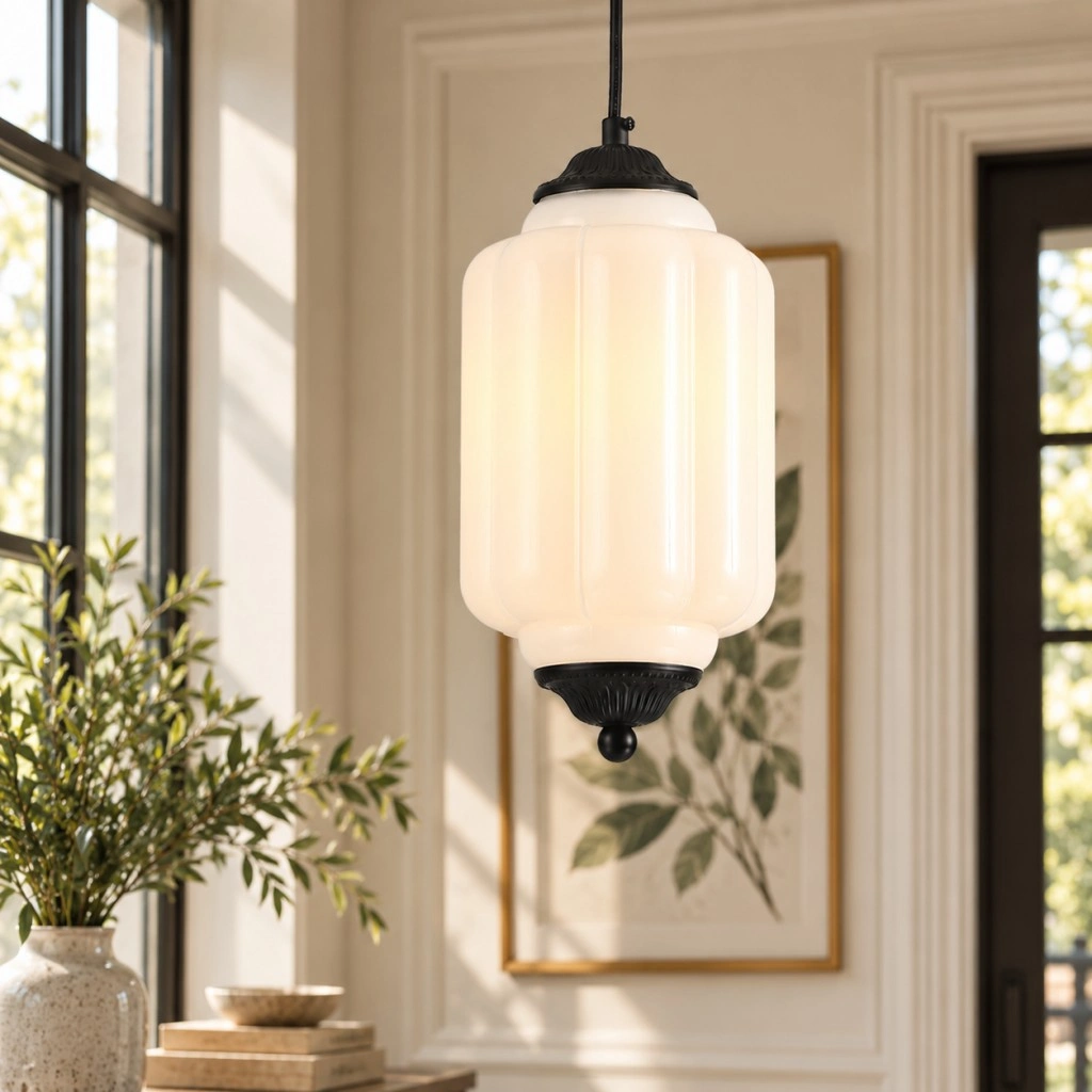 Vintage glass pendant lamp with white ribbed glass shade and decorative black metal frame