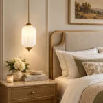 Vintage glass pendant light with milk glass shade beside a bedroom nightstand