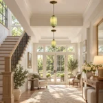 Vintage green glass hanging lights installed in a bright entryway near the staircase