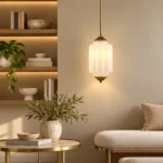 Vintage milk glass pendant light with bronze details in a living room