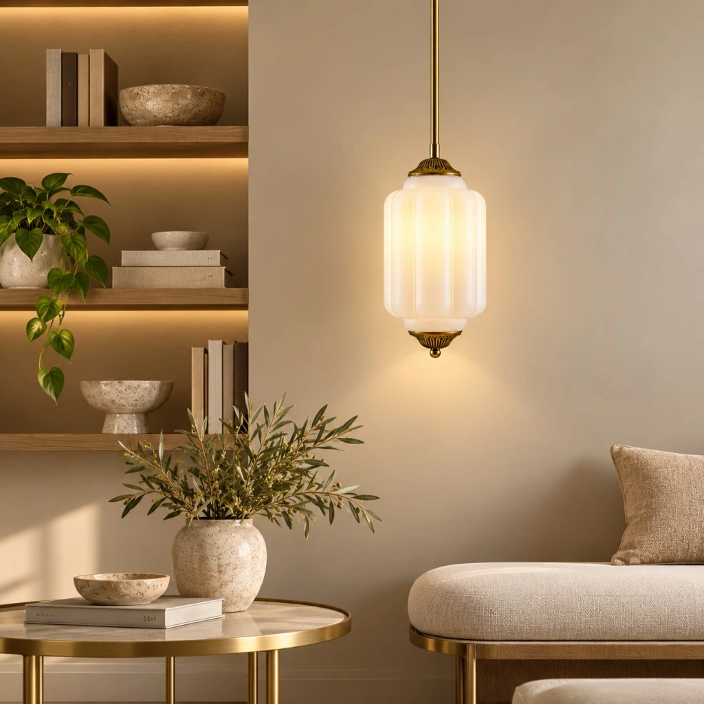 Vintage milk glass pendant light with bronze details in a living room